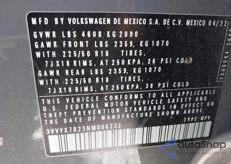 2022 Volkswagen Taos 1.5T Se z USA, uszkodzony, nr VIN 3VVYX7B23NM066232